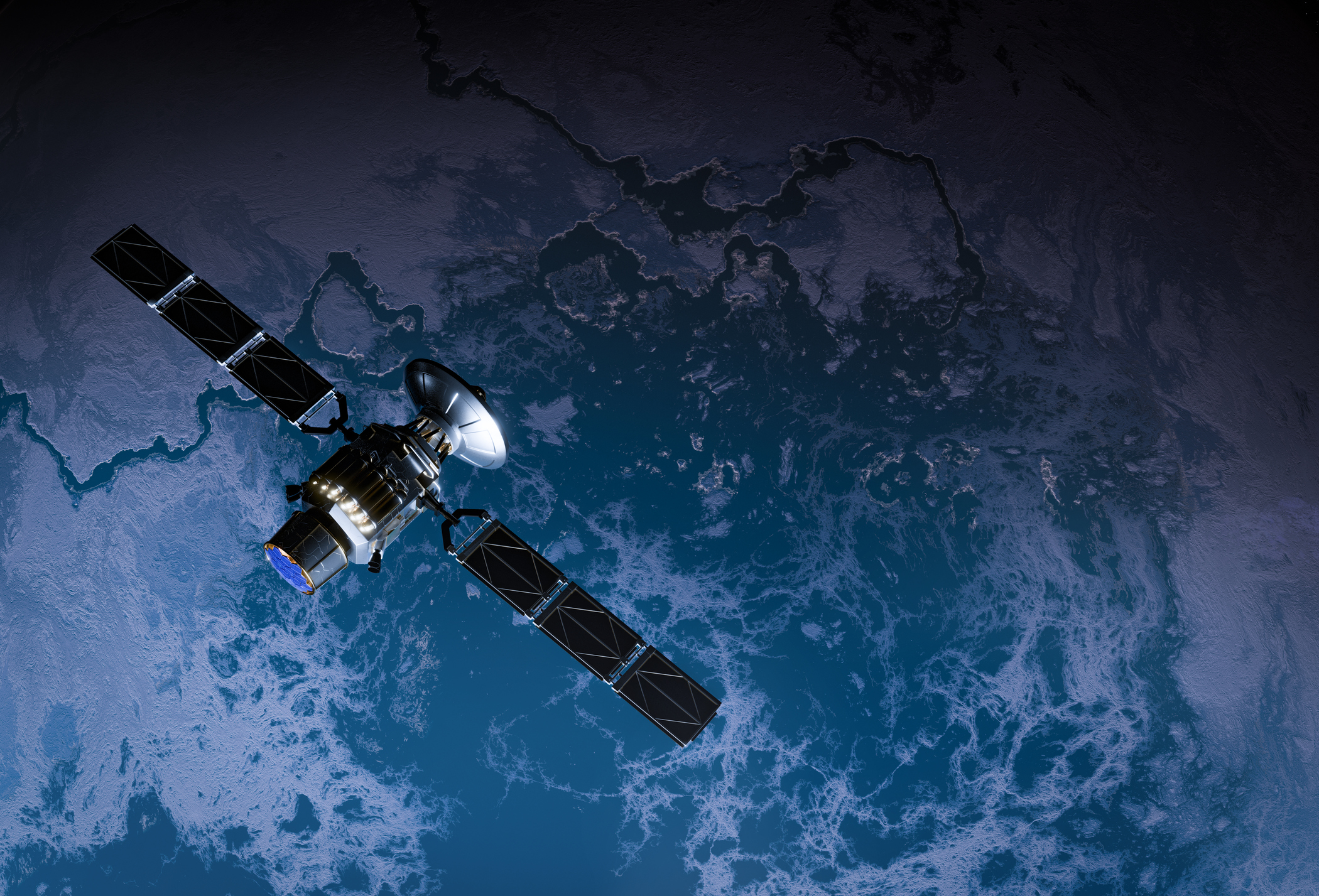 Satellite in Space over rocky planet 3D illustration